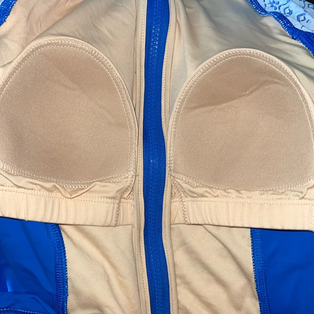 Cabana Life One Piece Swimsuit Partial Zip SPF 50+ Rashguard Small Blue White